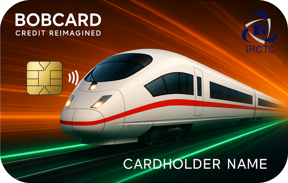 IRCTC BOBCARD Credit Card featuring high-speed train design with IRCTC and BOBCARD logos