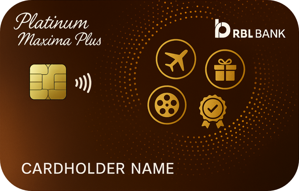 RBL Bank Platinum Maxima Plus Credit Card with brown and golden premium design showcasing travel, shopping, and entertainment rewards